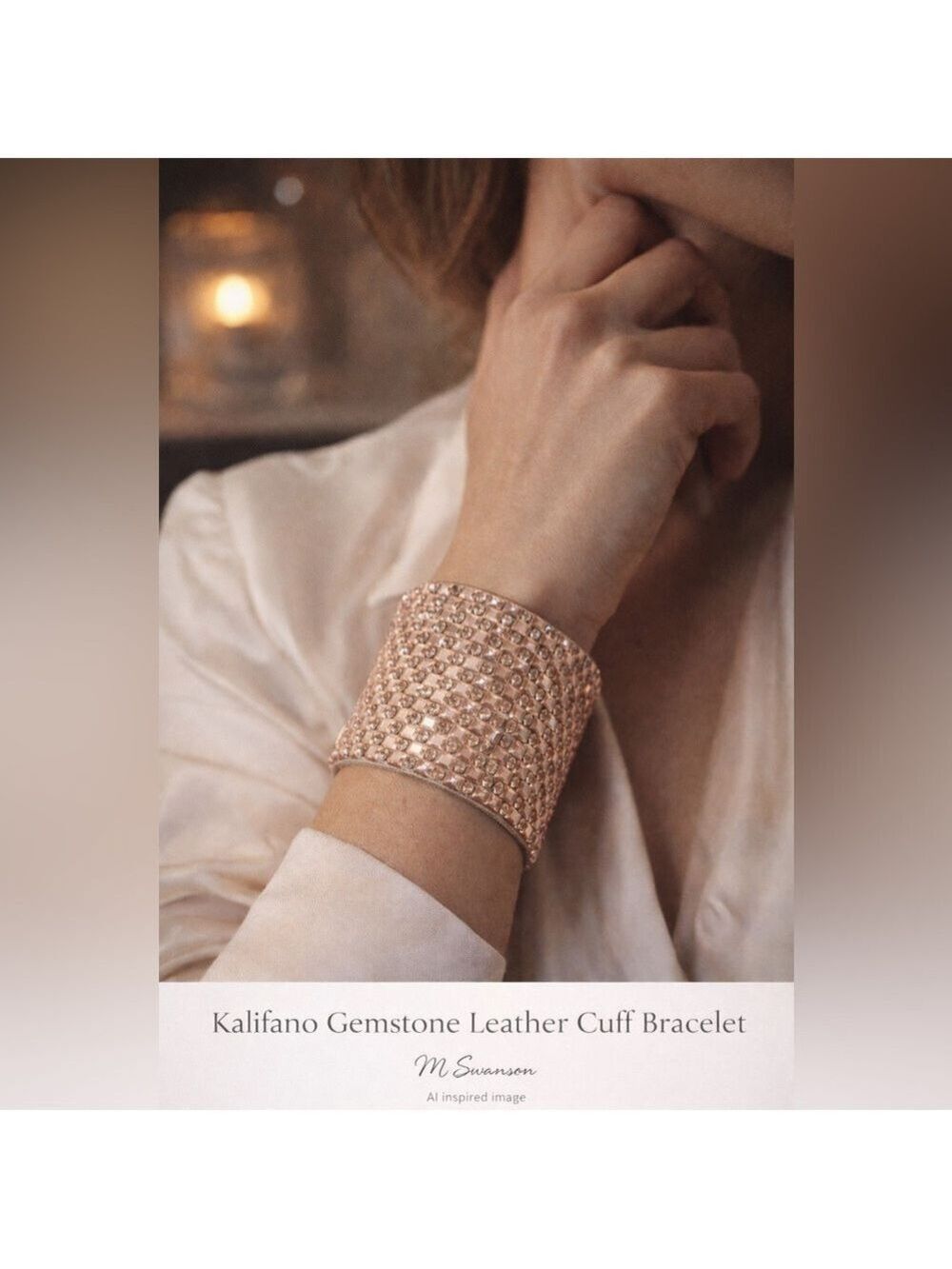 Wide Cuff Pink Gemstone Leather Bracelet 8”